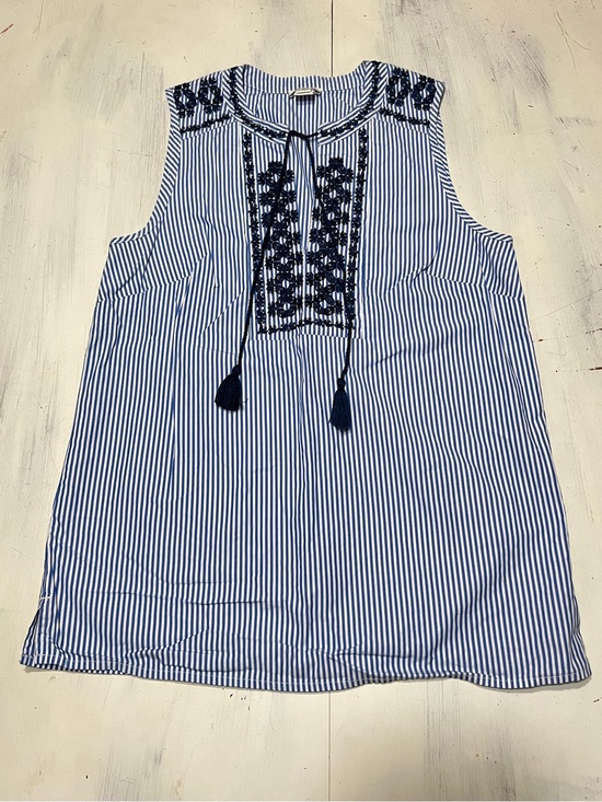 J. Crew Tops - J. Crew Blue Stripe Geometric Embroidered Tassel Sleeveless Cotton Top Sz 00